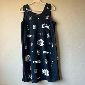 Cotton Fields Mac Black Fish Stencil Print Maxi‎ Sleeveless Dress lagenlook Art